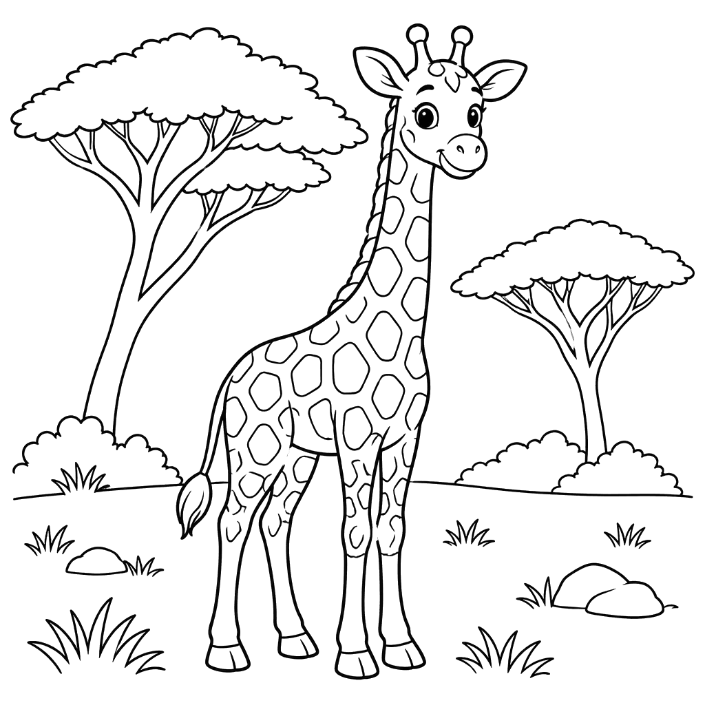 Giraffe Among Acacia Trees Coloring Page