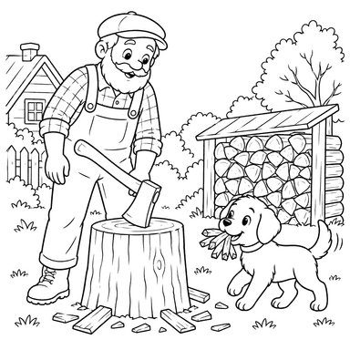 Grandpa, Puppy and Firewood Coloring Page