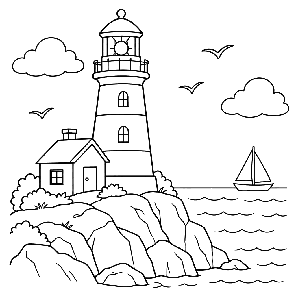 Lighthouse on a Rocky Coast Coloring Page