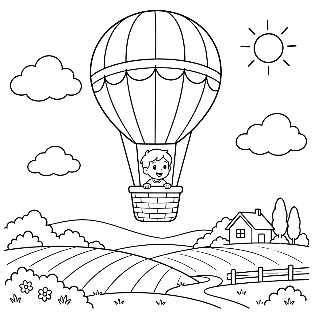 Hot Air Balloon Over Fields Coloring Page