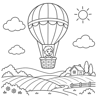 Hot Air Balloon Over Fields Coloring Page