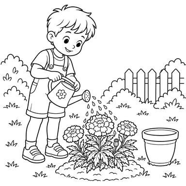 Boy Watering Marigolds in the Garden