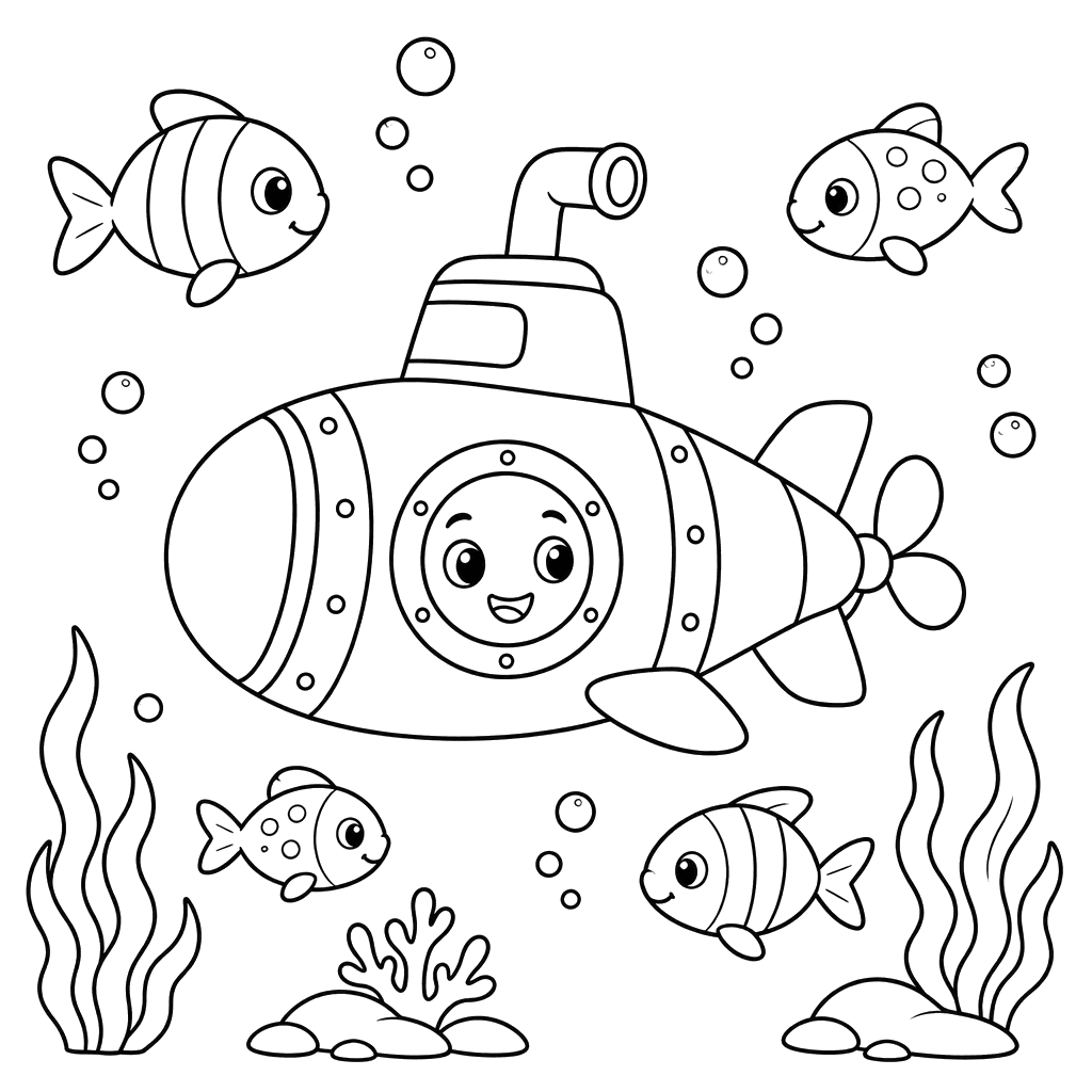 Submarine Among Fish Coloring Page