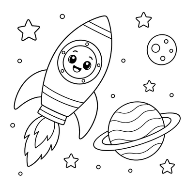 Smiling Rocket and Ringed Planet Coloring Page