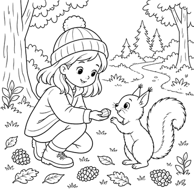 Girl Feeding a Squirrel in the Forest