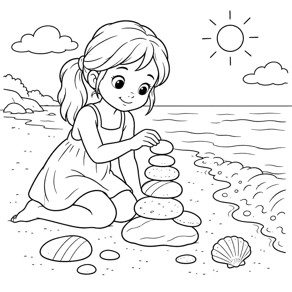 Girl Stacking Stones on the Beach