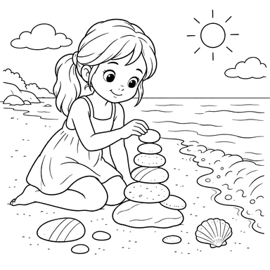 Girl Stacking Stones on the Beach