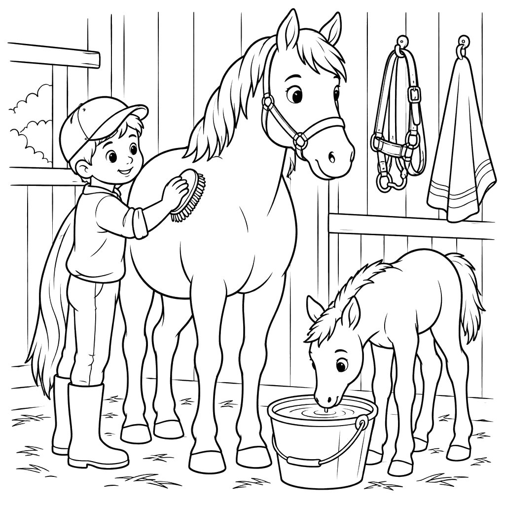 Boy Grooming a Horse in a Stable Coloring Page