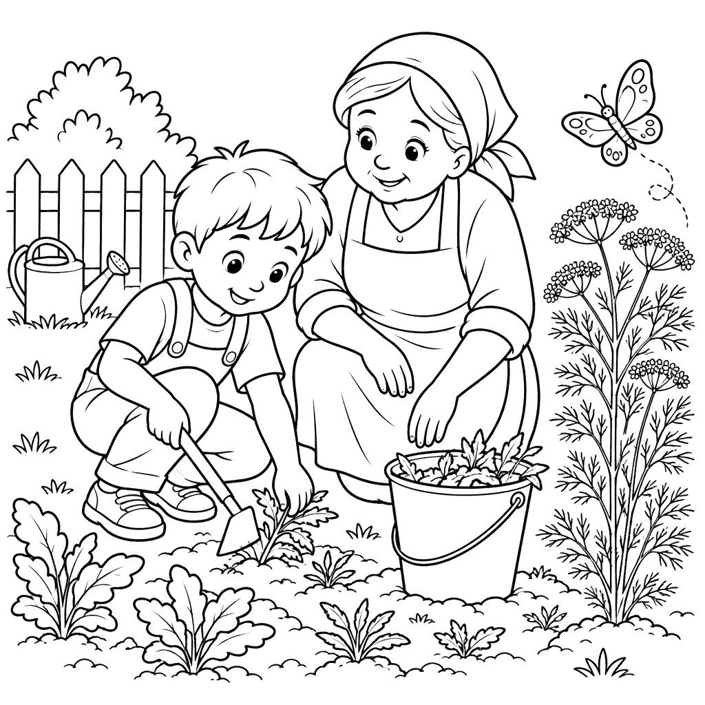Boy and Grandmother Weeding a Garden