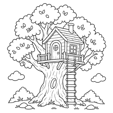 Treehouse in a Big Old Tree Coloring Page