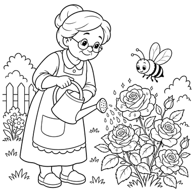 Grandmother Watering Roses Coloring Page