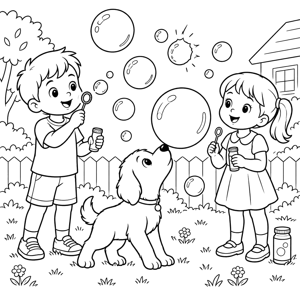 Children and Puppy Blowing Bubbles Coloring Page
