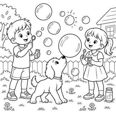 Children and Puppy Blowing Bubbles Coloring Page