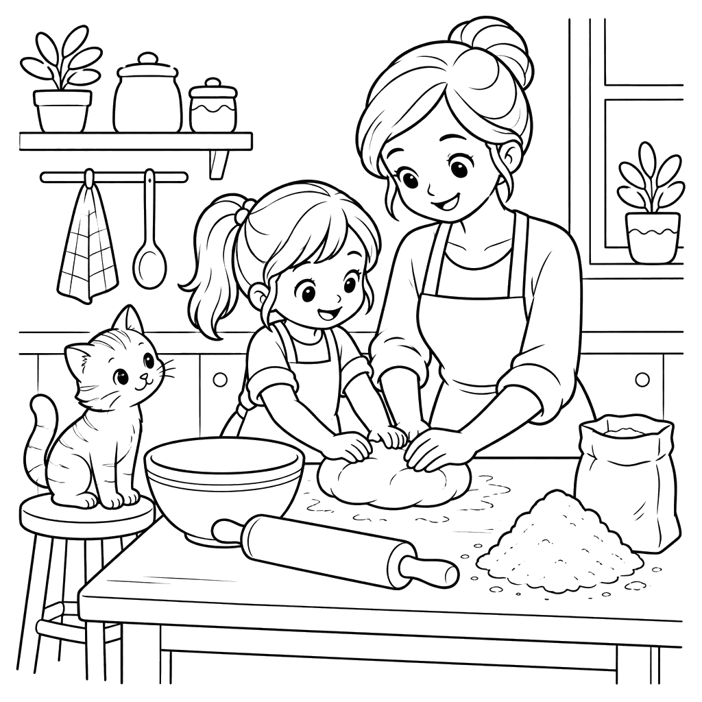 Anime Mother and Daughter Kneading Dough