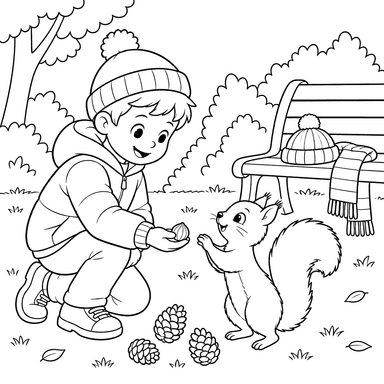 Boy Feeding a Squirrel in the Park