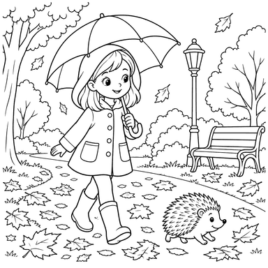 Girl with Umbrella and Hedgehog in Autumn Park