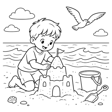 Boy Building a Sandcastle Coloring Page