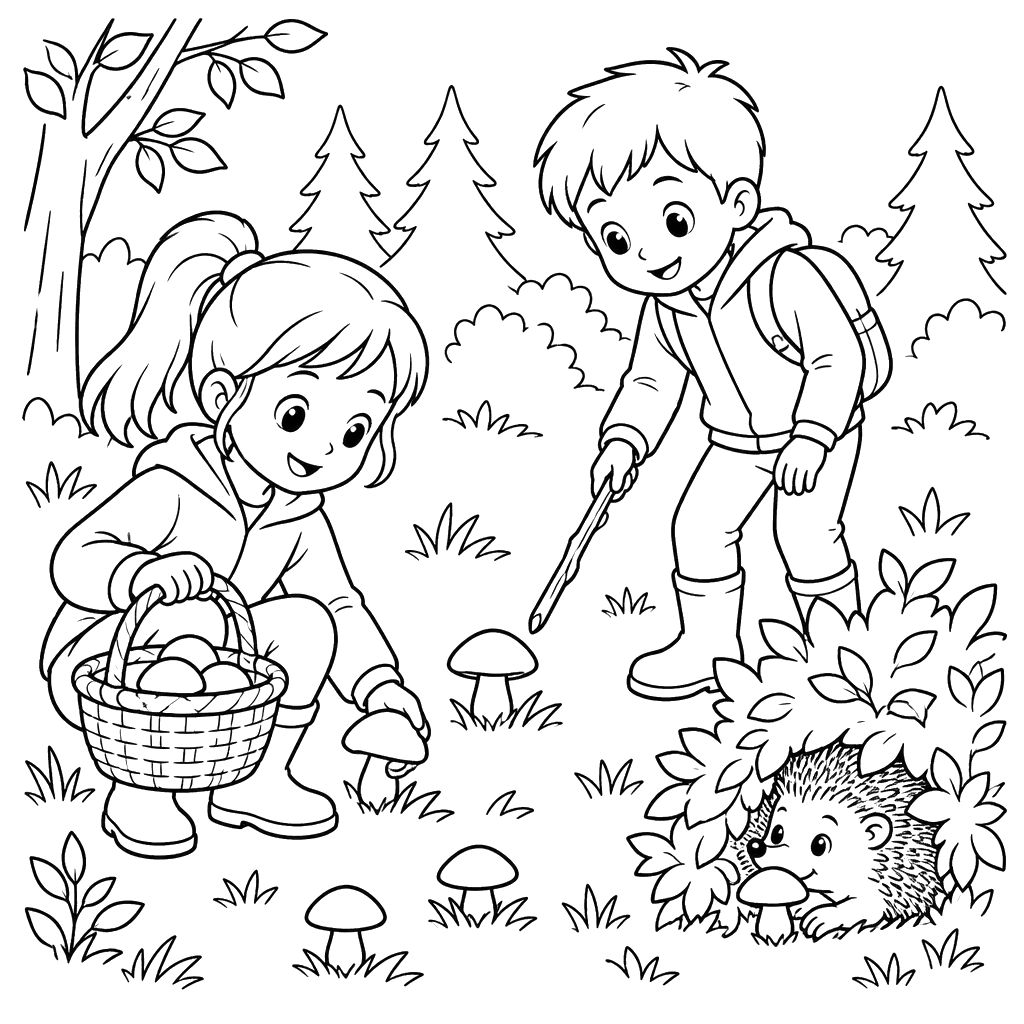 Forest Children Picking Mushrooms