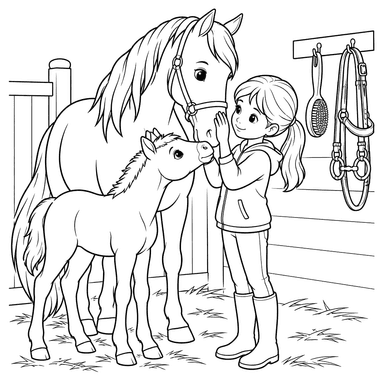 Girl Petting a Horse and Foal in a Stable