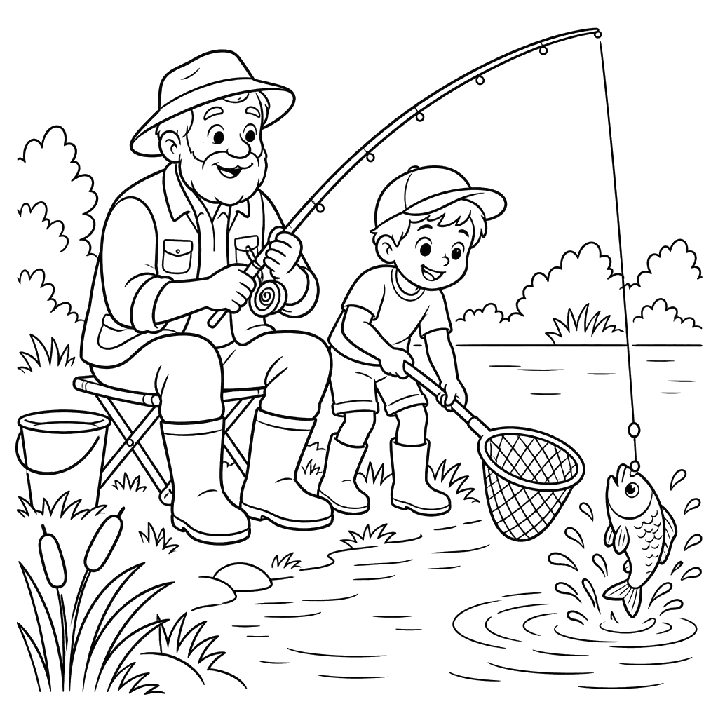 Grandfather and Boy Fishing Coloring Page