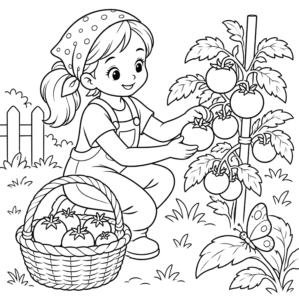 Girl Picking Tomatoes in the Garden