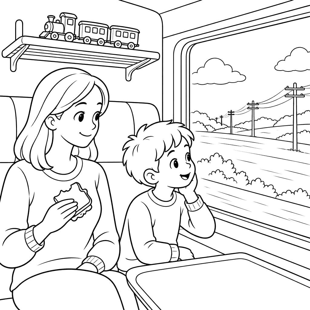 Mother and Boy on a Train Coloring Page