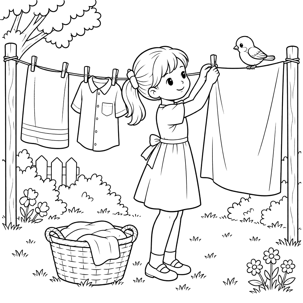 Girl Hanging Laundry in the Garden