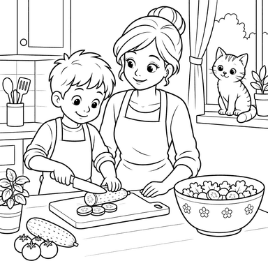 Boy and Mom Preparing Salad Coloring Page