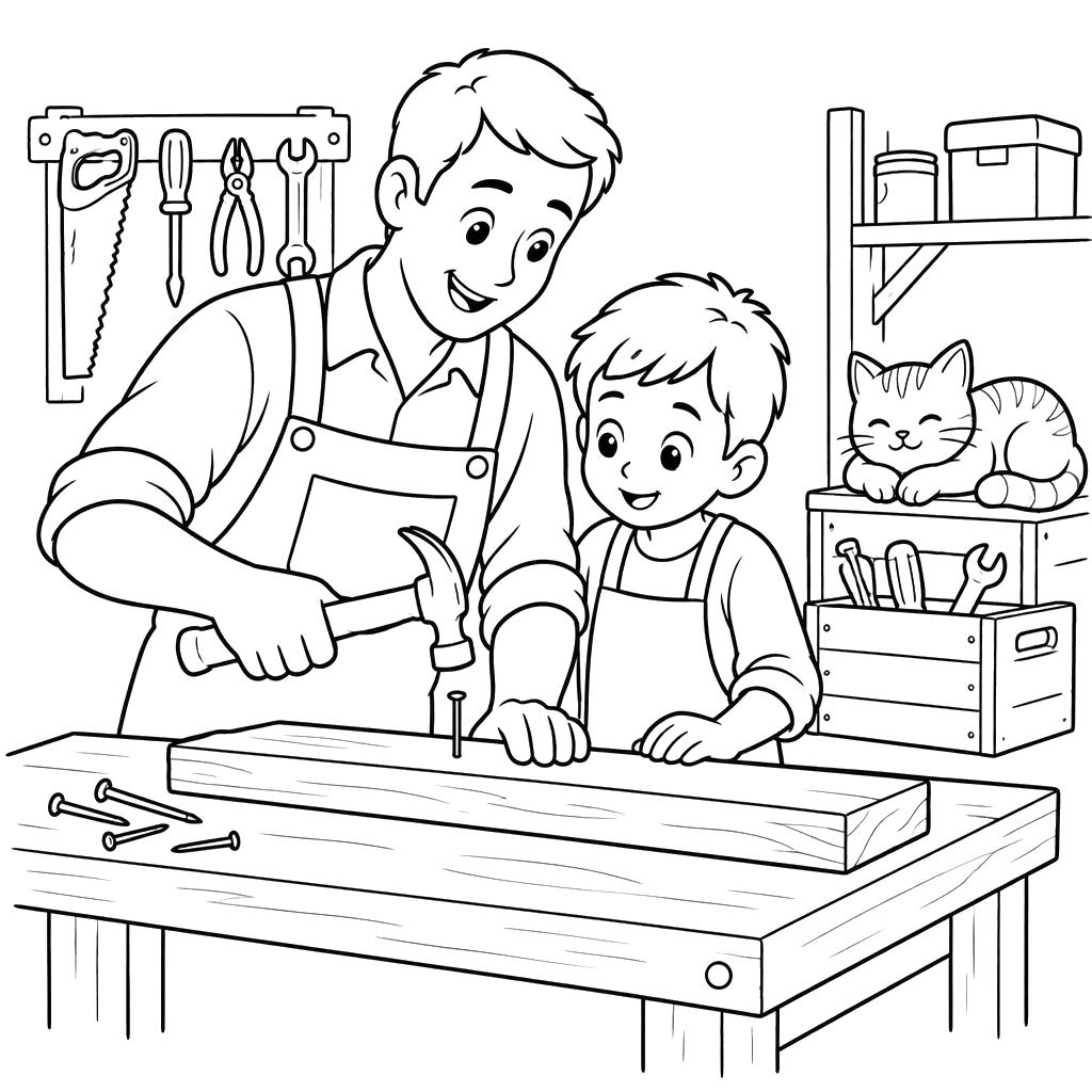 Father and Son in the Workshop Coloring Page
