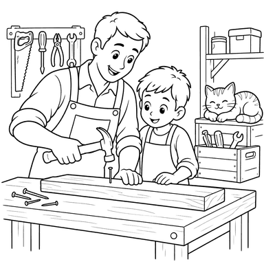 Father and Son in the Workshop Coloring Page