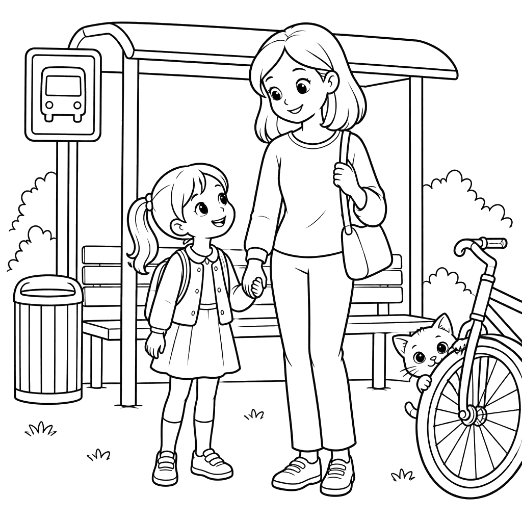 Mother and Daughter at a Bus Stop Coloring Page