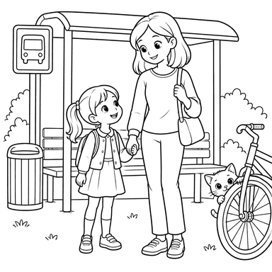 Mother and Daughter at a Bus Stop Coloring Page