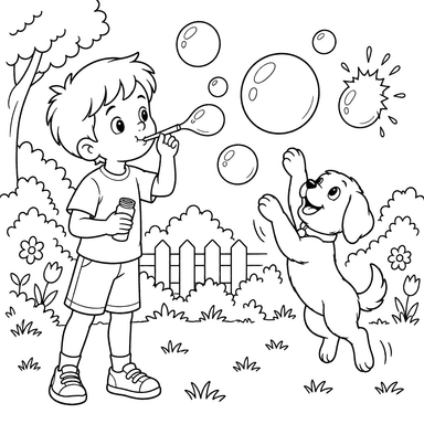 Boy Blowing Bubbles with a Puppy
