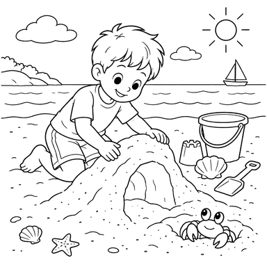 Boy Building a Sand Tunnel Coloring Page