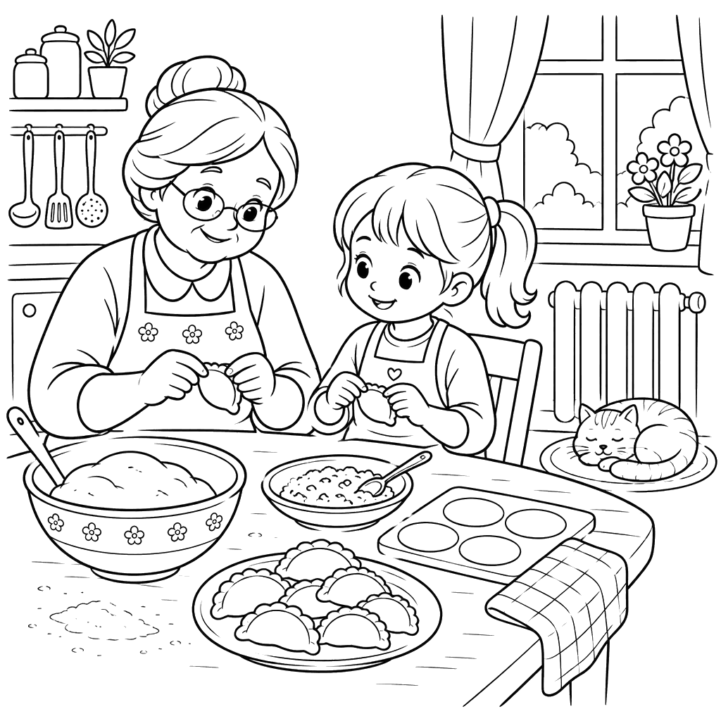 Grandma and Girl Making Vareniki Coloring Page