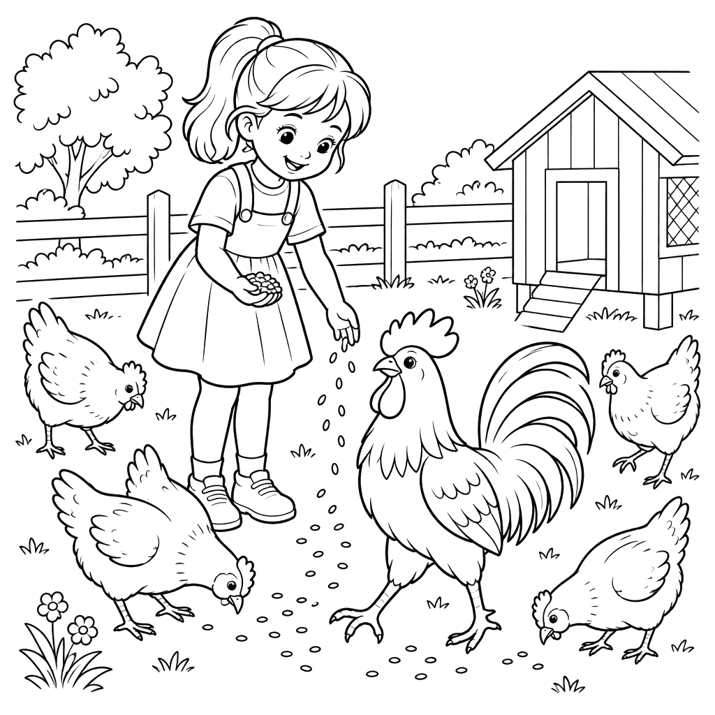 Girl Feeding Chickens Coloring Page