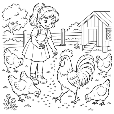 Girl Feeding Chickens Coloring Page