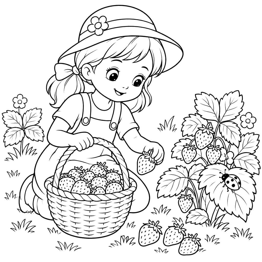 Girl Picking Strawberries Coloring Page