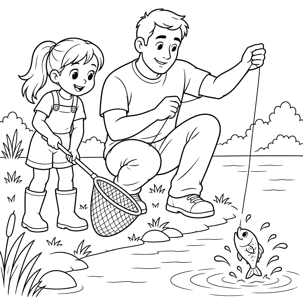 Girl and Dad Fishing Coloring Page