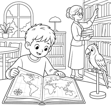 Boy With a World Atlas in a Library Coloring Page