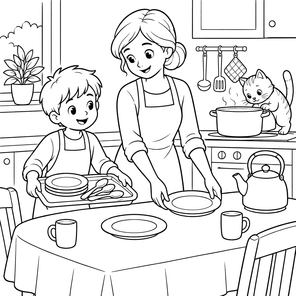 Mother and Son Setting the Table