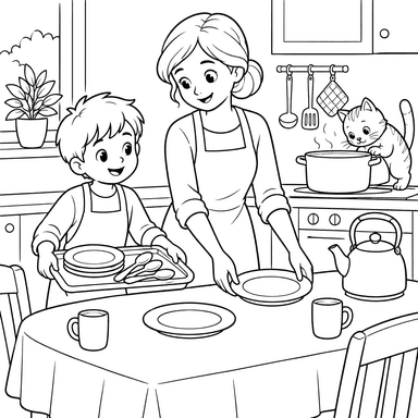Mother and Son Setting the Table