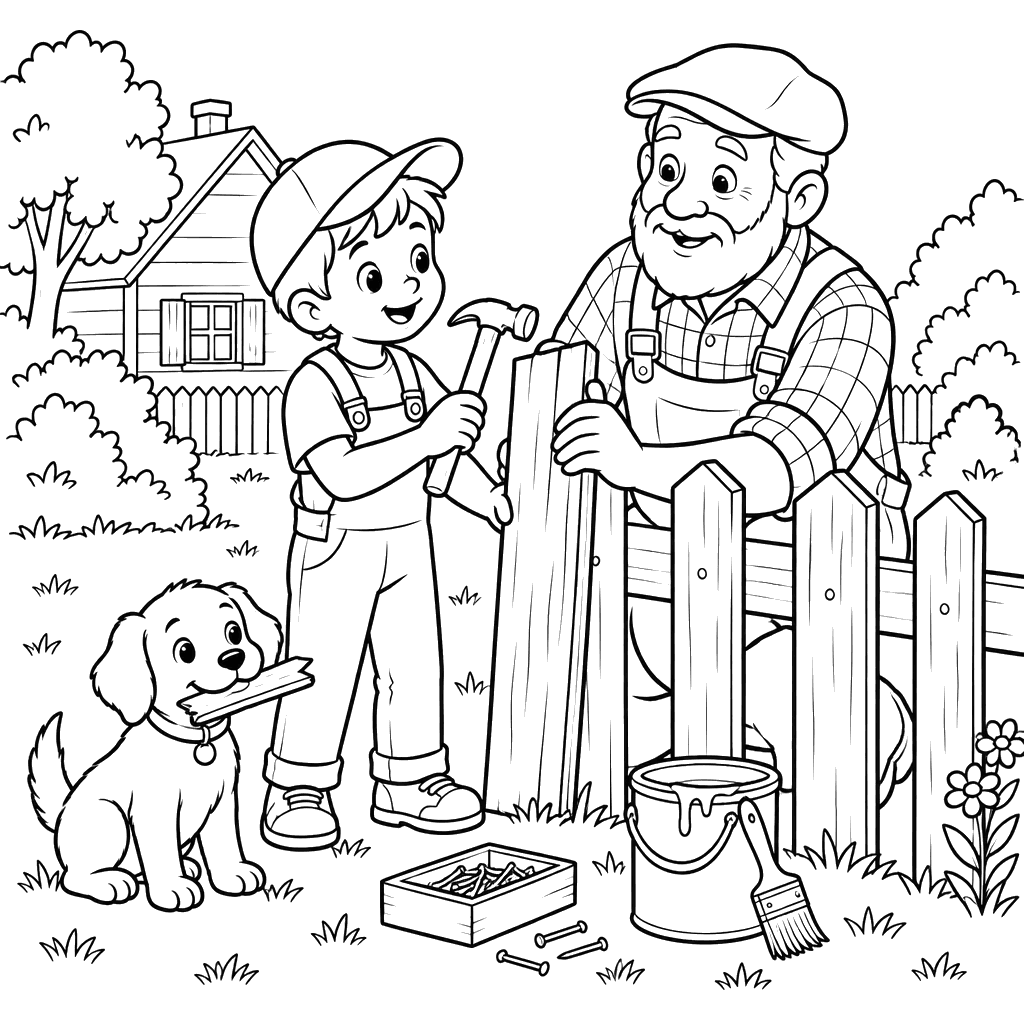 Boy and Grandfather Repairing a Fence Coloring Page