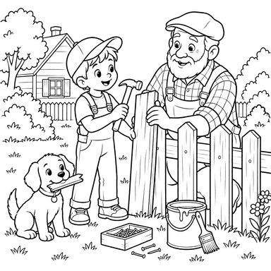 Boy and Grandfather Repairing a Fence Coloring Page