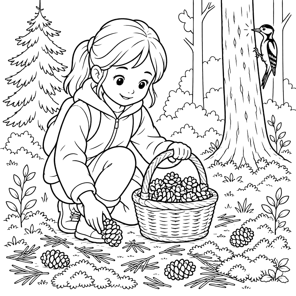 Girl Collecting Pinecones in the Forest Coloring Page