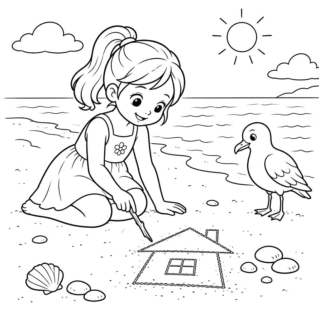 Girl Drawing a House in the Sand with a Seagull