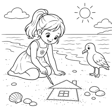 Girl Drawing a House in the Sand with a Seagull