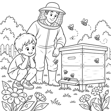 Boy and Beekeeper at the Beehive