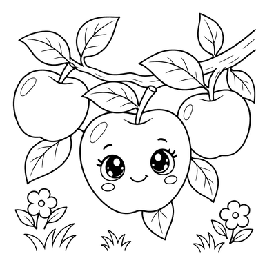 Cute Kawaii Apple Branch Coloring Page