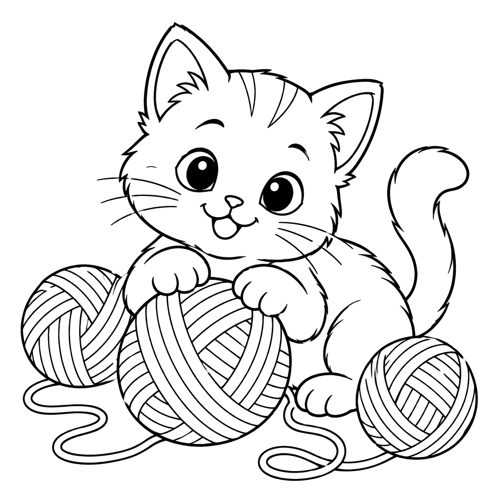 Kitten Among Yarn Balls Coloring Page
